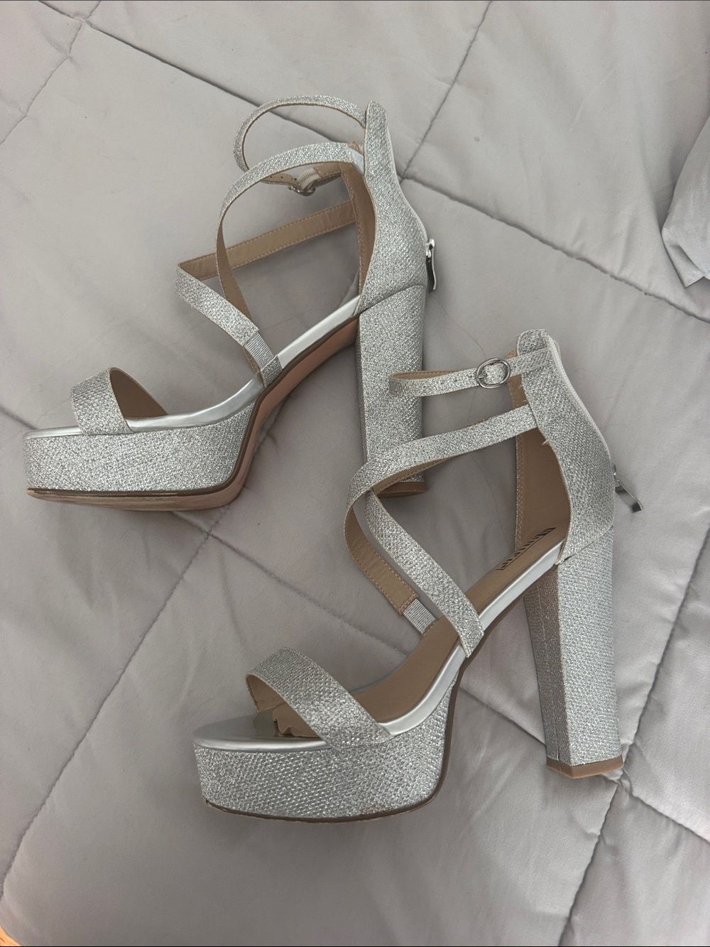Silver Glitter Platform Block Heel Sandals -  Women